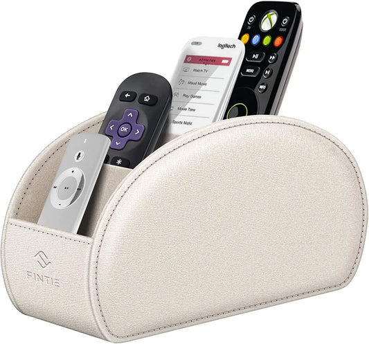 Remote Control Holder for Table, Vegan Leather TV Remote Desk Caddy, 5 Compartments Desktop Organizer for TV Remotes, Media Controllers, Office Supplies (Metallic White)