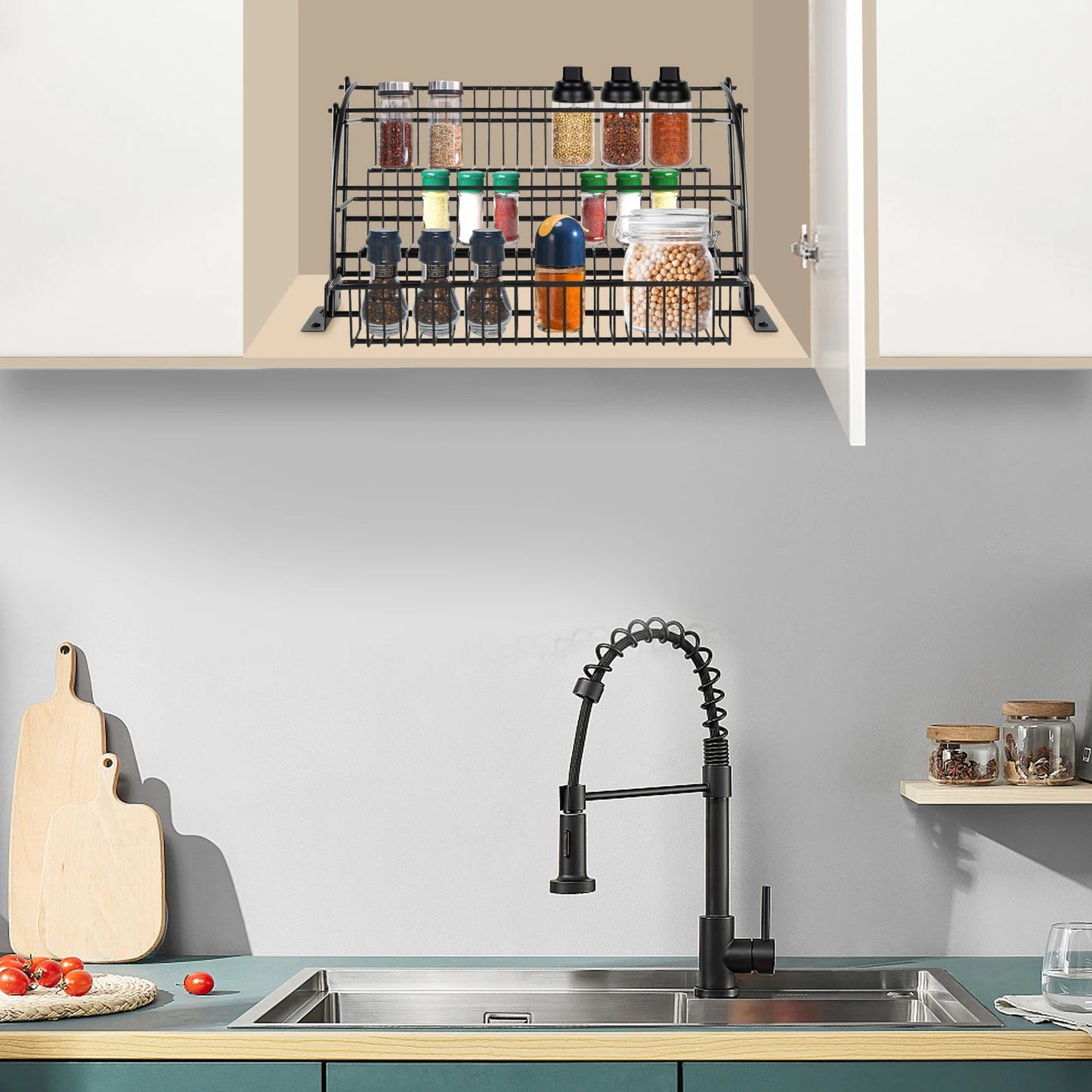 3-Tier Pull down Cabinet Spice Rack Organizer,Metal Storage Shelf,Retractable Large Capacity Kitchen Storage Shelf Organizer