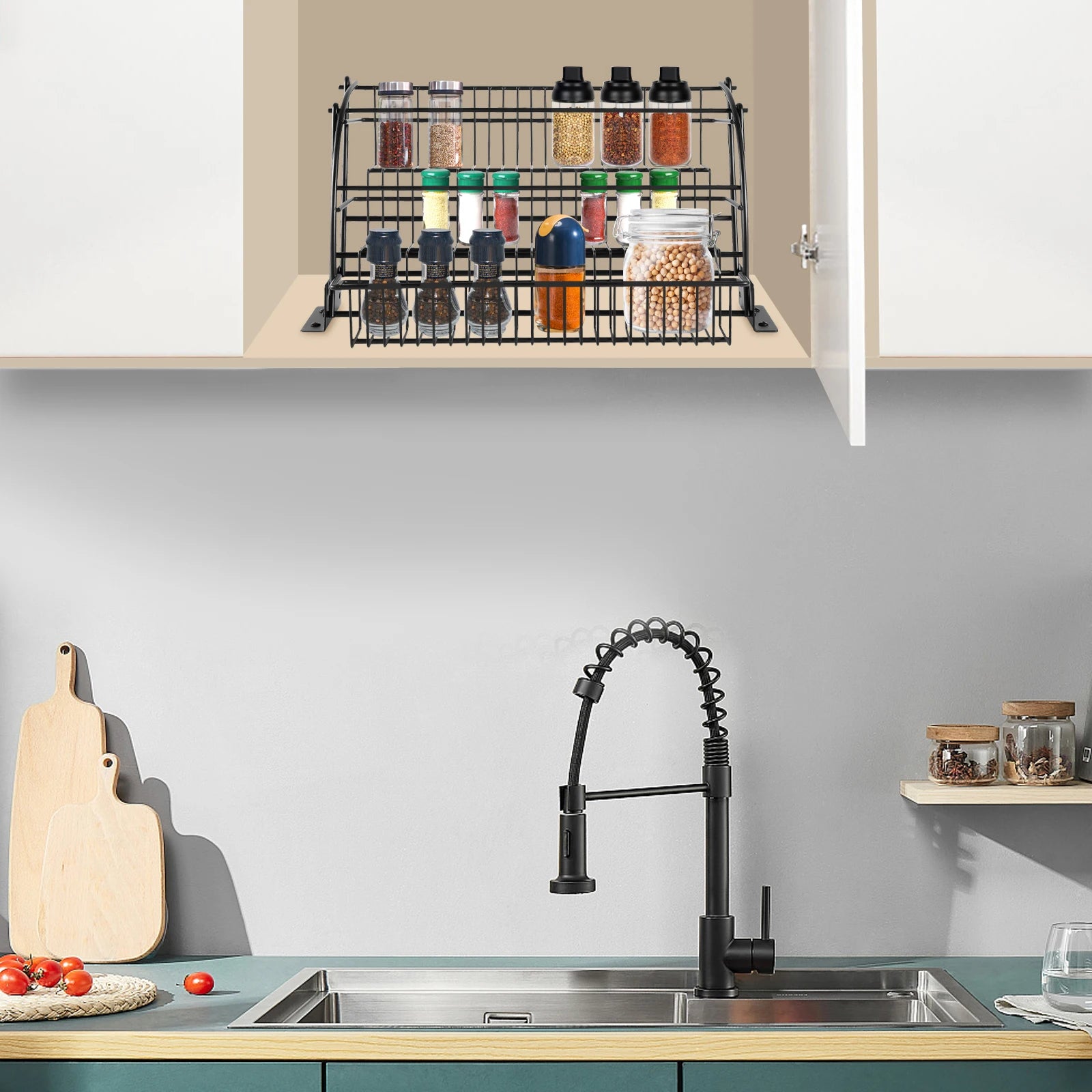 3-Tier Pull down Cabinet Spice Rack Organizer,Metal Storage Shelf,Retractable Large Capacity Kitchen Storage Shelf Organizer