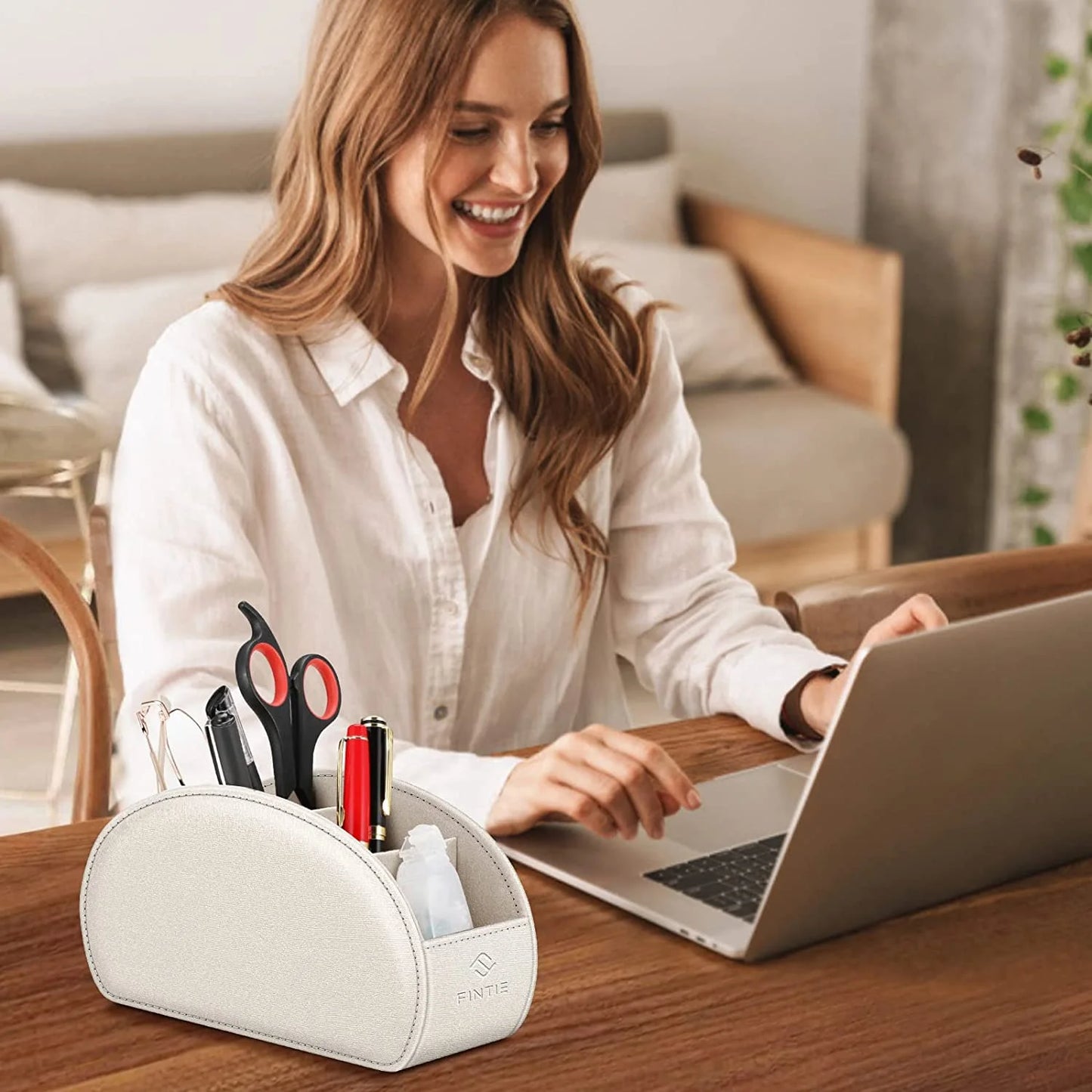Remote Control Holder for Table, Vegan Leather TV Remote Desk Caddy, 5 Compartments Desktop Organizer for TV Remotes, Media Controllers, Office Supplies (Metallic White)