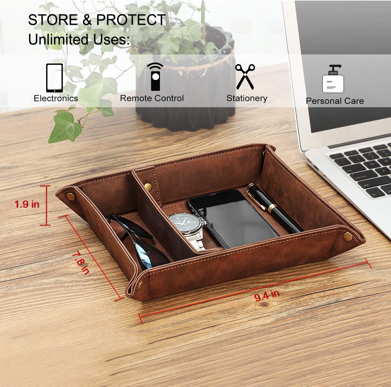 Valet Tray Desktop Storage Organizer, Removable 2 Compartments Catchall Tray Bedside Vanity Nightstand Caddy Holder Desk Storage Plate, Brown