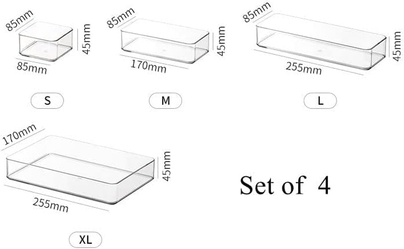4Pack Drawer Organizer Tray Plastic Makeup Drawer Dividers Stackable Drawer Organizer Bins for Cosmetic Flatware Organizer for Kitchen Drawer Office
