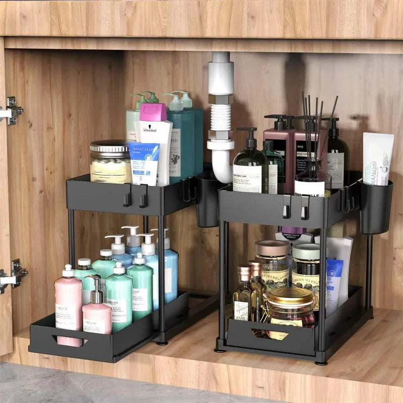 Pullable Storage Rack Double-Layer Sink Storage Rack Kitchen Seasoning Storage Rack Bathroom Multifunctional Storage Rack