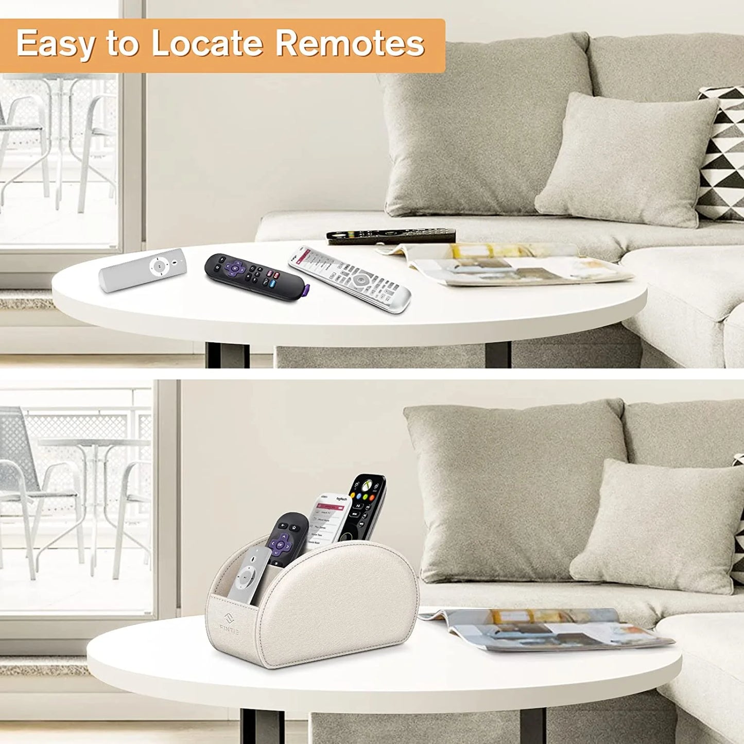 Remote Control Holder for Table, Vegan Leather TV Remote Desk Caddy, 5 Compartments Desktop Organizer for TV Remotes, Media Controllers, Office Supplies (Metallic White)