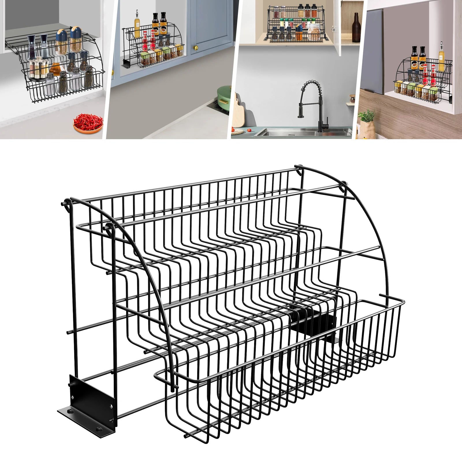 3-Tier Pull down Cabinet Spice Rack Organizer,Metal Storage Shelf,Retractable Large Capacity Kitchen Storage Shelf Organizer