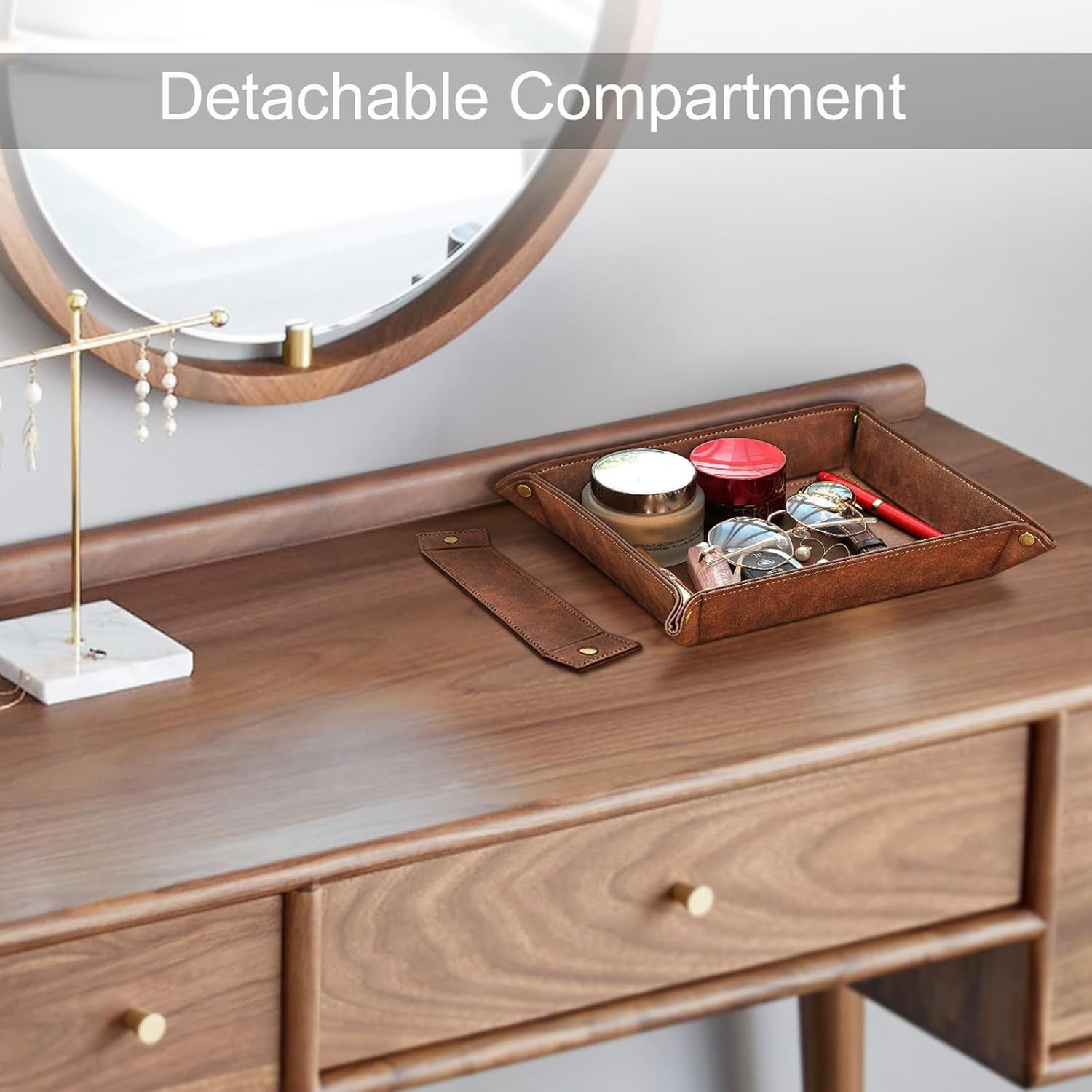 Valet Tray Desktop Storage Organizer, Removable 2 Compartments Catchall Tray Bedside Vanity Nightstand Caddy Holder Desk Storage Plate, Brown