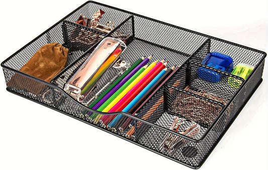 Desk Drawer Organizer Tray, Metal Mesh Drawer Organizers Office, 6 Adjustable Compartment, Desk Organizer Tray for Home Office 12.87L X 8.73D X 1.96H Inch, Black, 1PC Medium