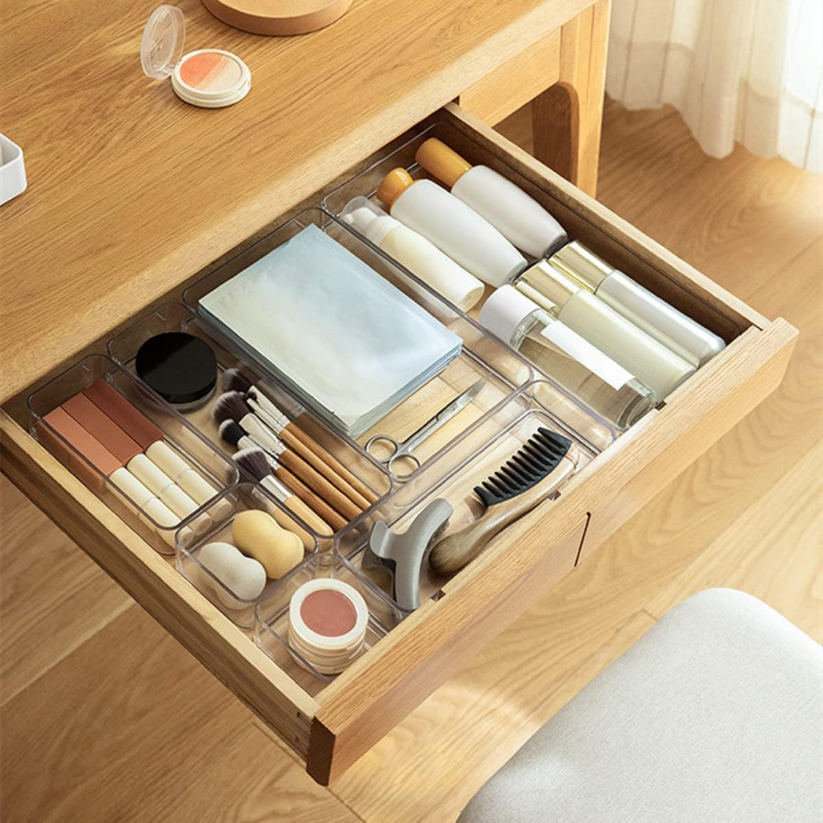 4Pack Drawer Organizer Tray Plastic Makeup Drawer Dividers Stackable Drawer Organizer Bins for Cosmetic Flatware Organizer for Kitchen Drawer Office