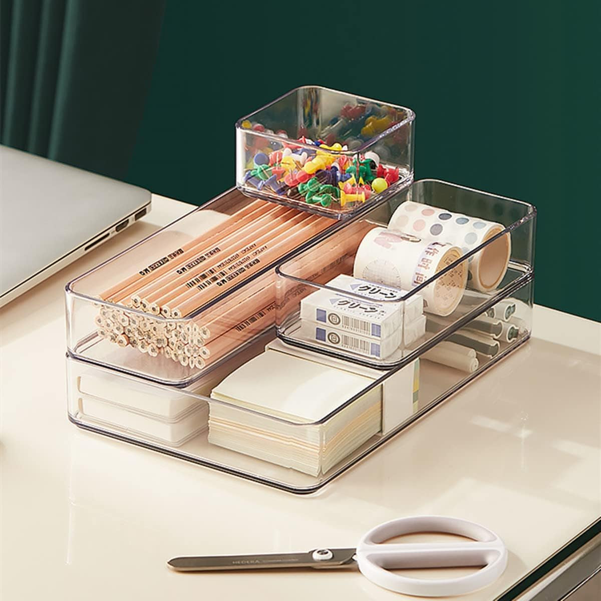 4Pack Drawer Organizer Tray Plastic Makeup Drawer Dividers Stackable Drawer Organizer Bins for Cosmetic Flatware Organizer for Kitchen Drawer Office