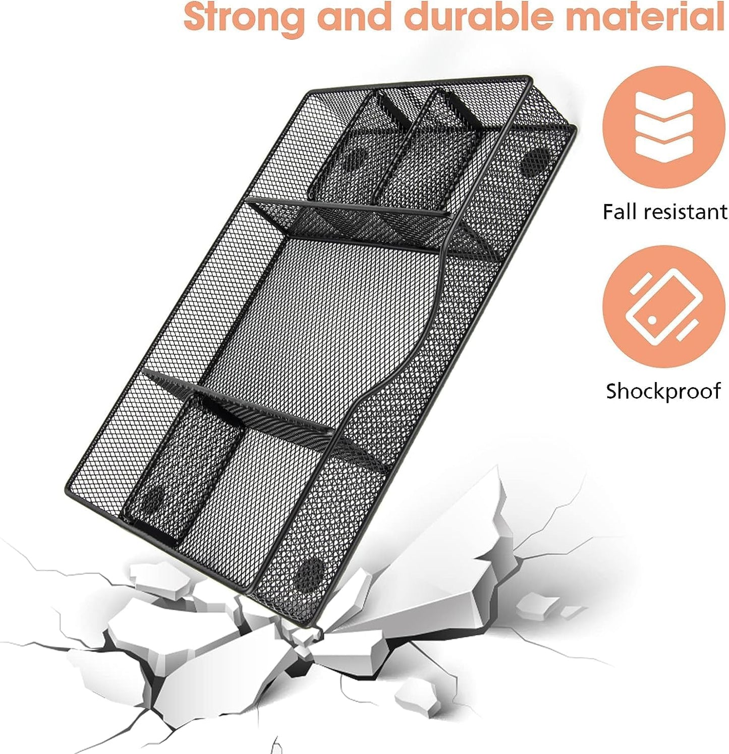 Desk Drawer Organizer Tray, Metal Mesh Drawer Organizers Office, 6 Adjustable Compartment, Desk Organizer Tray for Home Office 12.87L X 8.73D X 1.96H Inch, Black, 1PC Medium