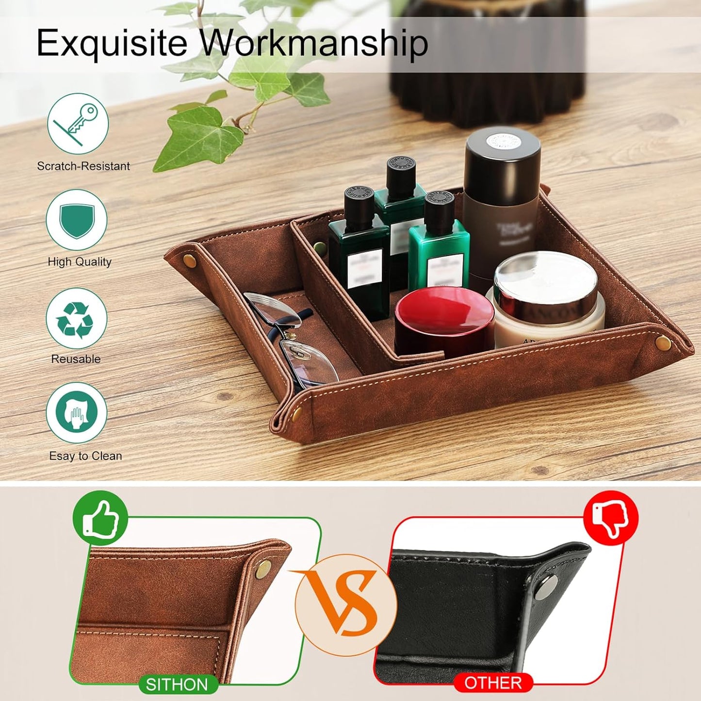 Valet Tray Desktop Storage Organizer, Removable 2 Compartments Catchall Tray Bedside Vanity Nightstand Caddy Holder Desk Storage Plate, Brown