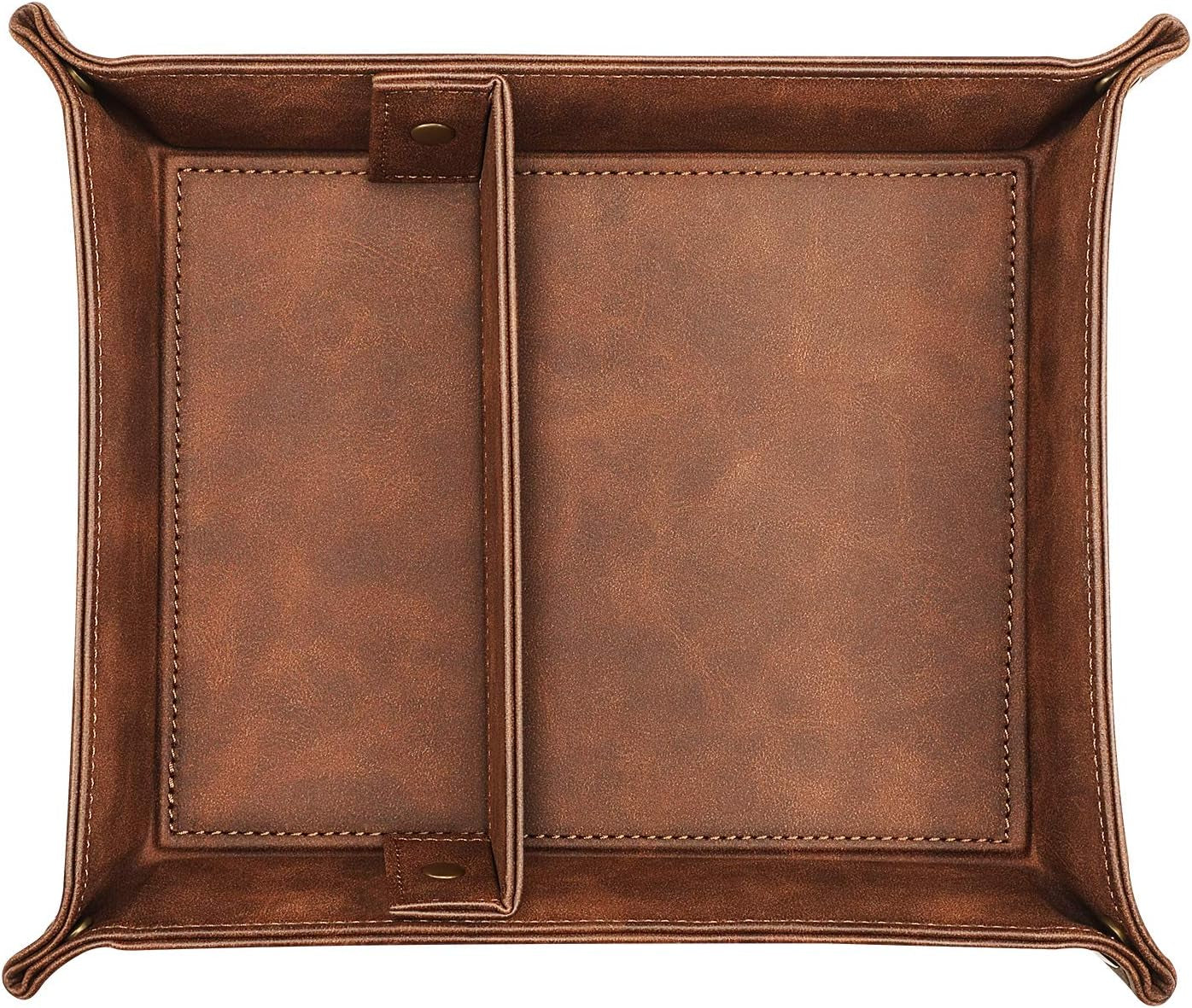 Valet Tray Desktop Storage Organizer, Removable 2 Compartments Catchall Tray Bedside Vanity Nightstand Caddy Holder Desk Storage Plate, Brown