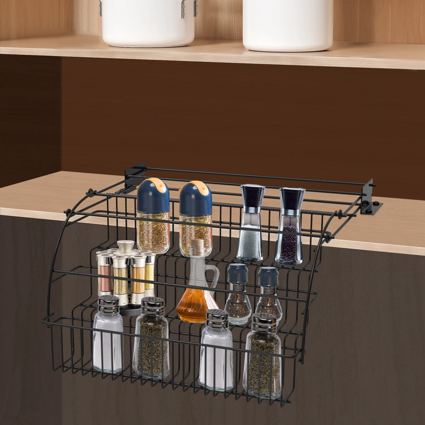 3-Tier Pull down Cabinet Spice Rack Organizer,Metal Storage Shelf,Retractable Large Capacity Kitchen Storage Shelf Organizer